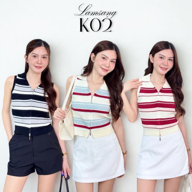 LAMSANG K02 เสื้อแขนกุด ไหมพรม คอปก ดีไซน์ซิปหน้า 2 ทาง